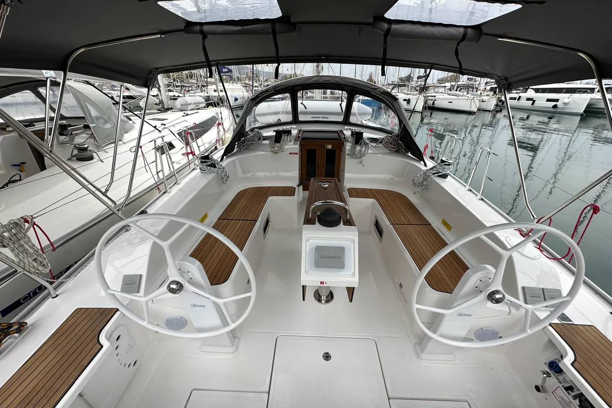 Cockpit of Nefeli, a Bavaria Cruiser 46 Style sailboat at Athens, Greece