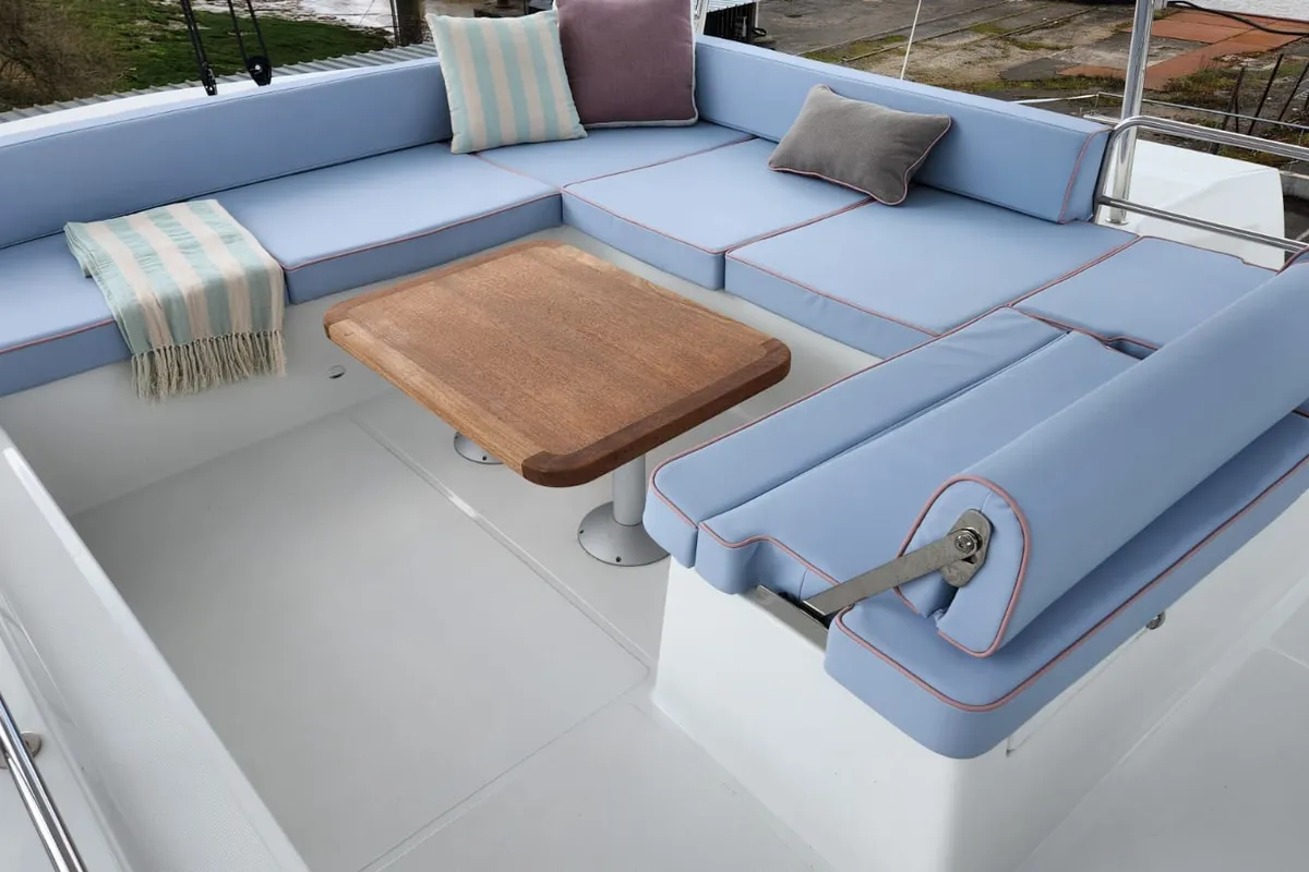 Deck of Deb Elli, a Lagoon 51 catamaran at Sant Antoni de Portmany, Spain