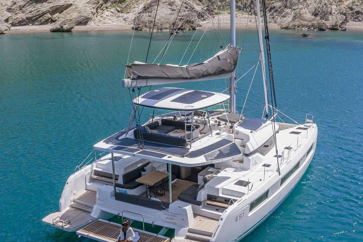 Exterior view of Deb Elli, a Lagoon 51 catamaran at Sant Antoni de Portmany, Spain