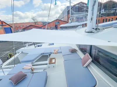 Deck of Deb Elli, a Lagoon 51 catamaran at Sant Antoni de Portmany, Spain