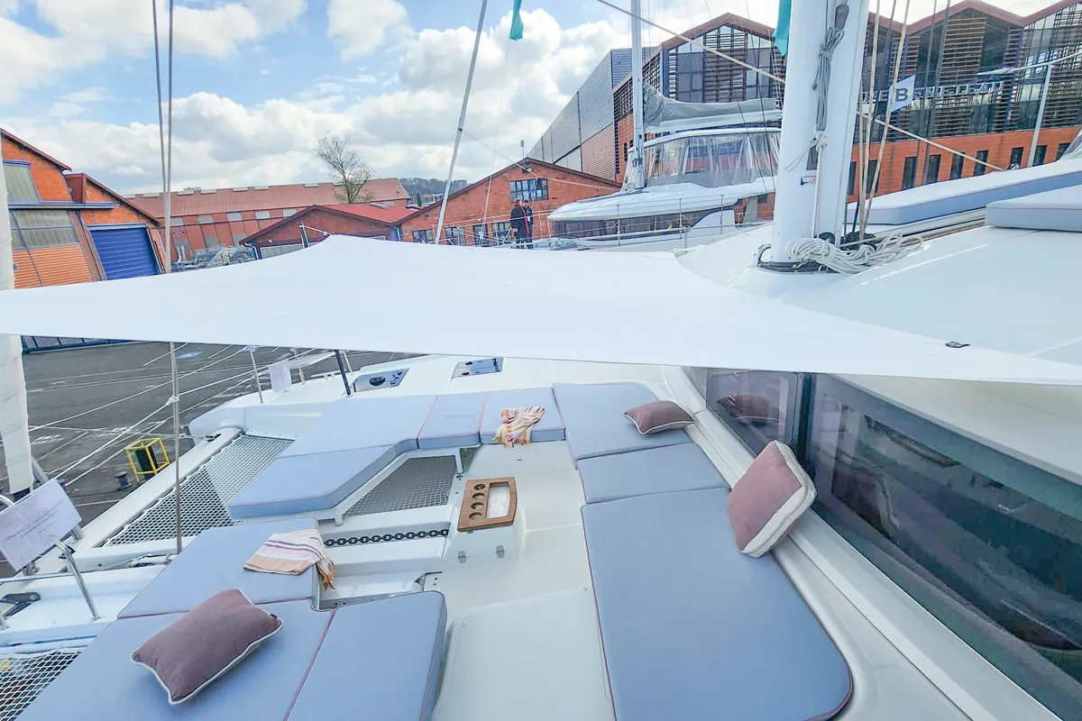Deck of Deb Elli, a Lagoon 51 catamaran at Sant Antoni de Portmany, Spain
