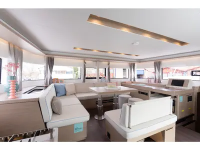 Salon of Deb Elli, a Lagoon 51 catamaran at Sant Antoni de Portmany, Spain
