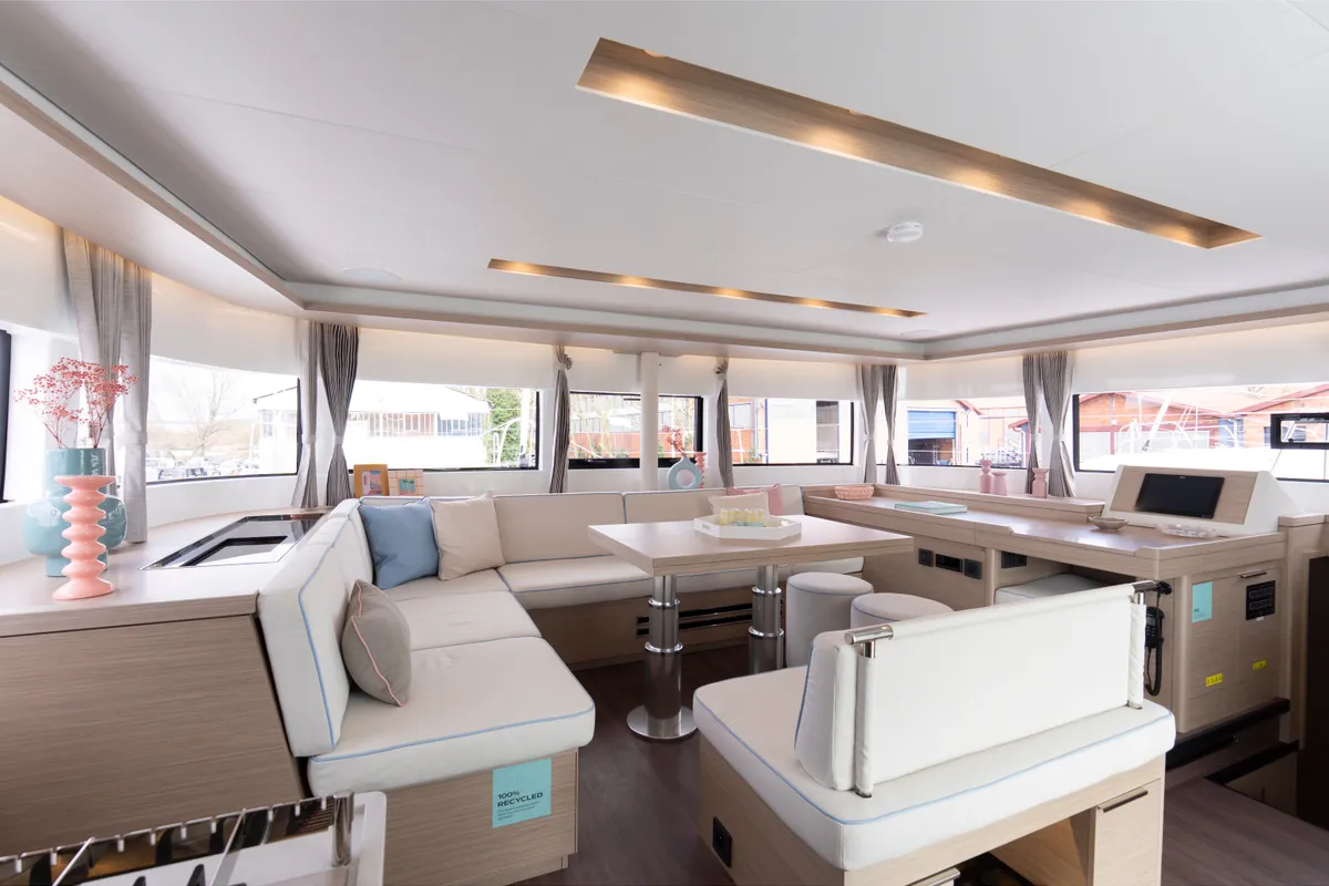 Salon of Deb Elli, a Lagoon 51 catamaran at Sant Antoni de Portmany, Spain