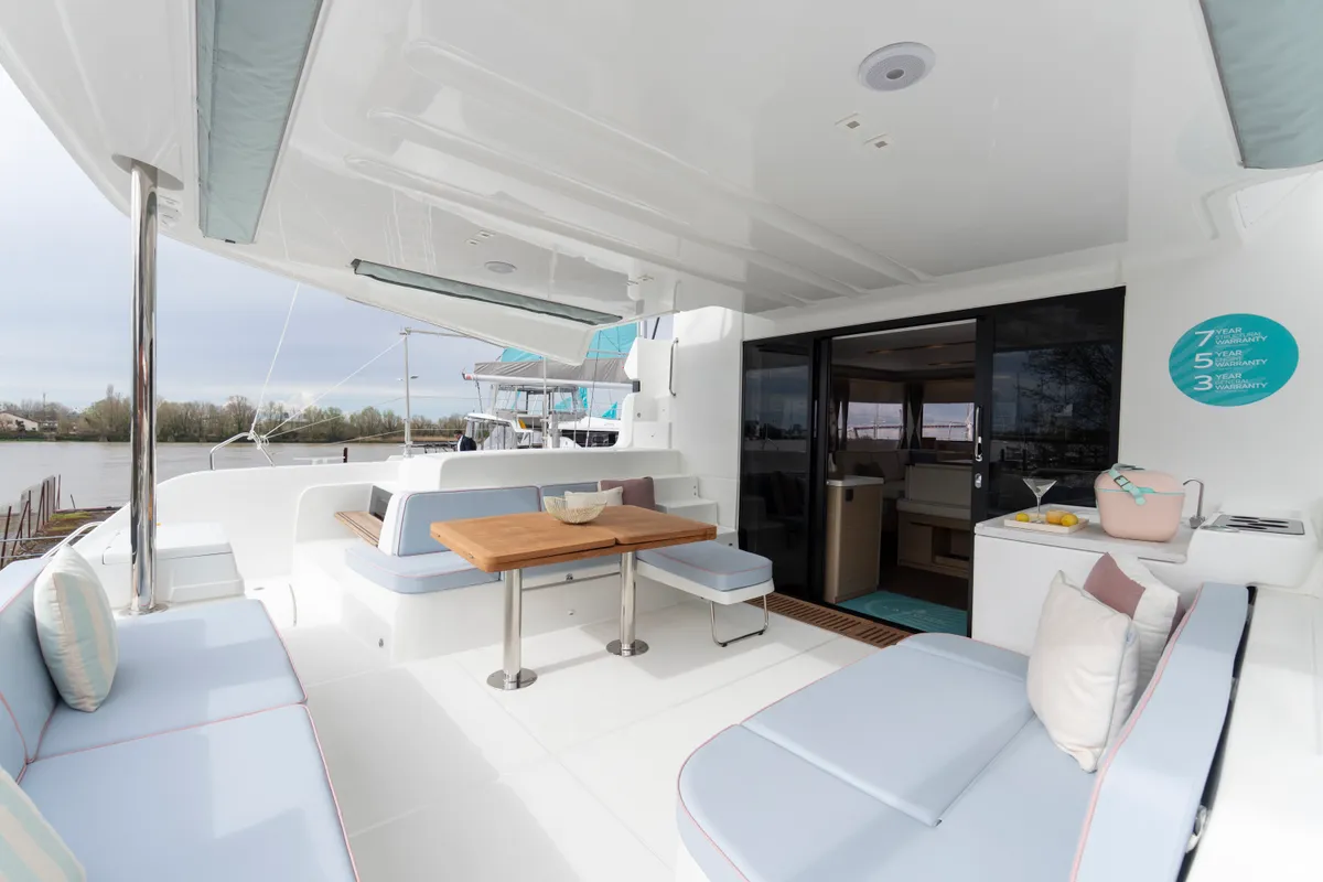 Deck of Deb Elli, a Lagoon 51 catamaran at Sant Antoni de Portmany, Spain