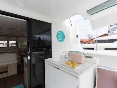 Galley of Deb Elli, a Lagoon 51 catamaran at Sant Antoni de Portmany, Spain
