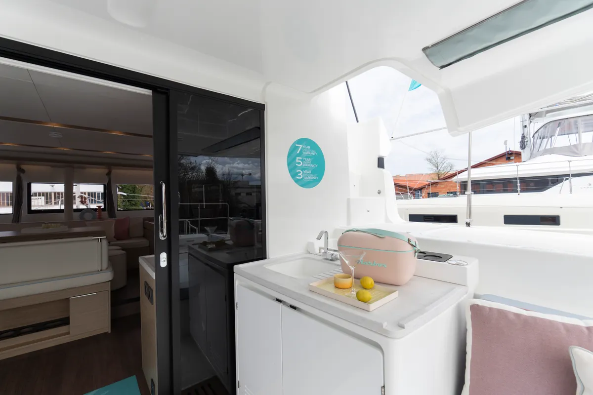 Galley of Deb Elli, a Lagoon 51 catamaran at Sant Antoni de Portmany, Spain