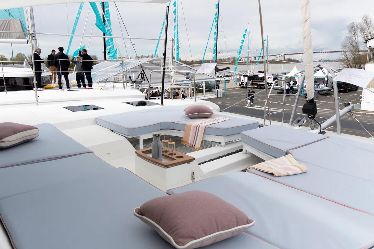 Deck of Deb Elli, a Lagoon 51 catamaran at Sant Antoni de Portmany, Spain