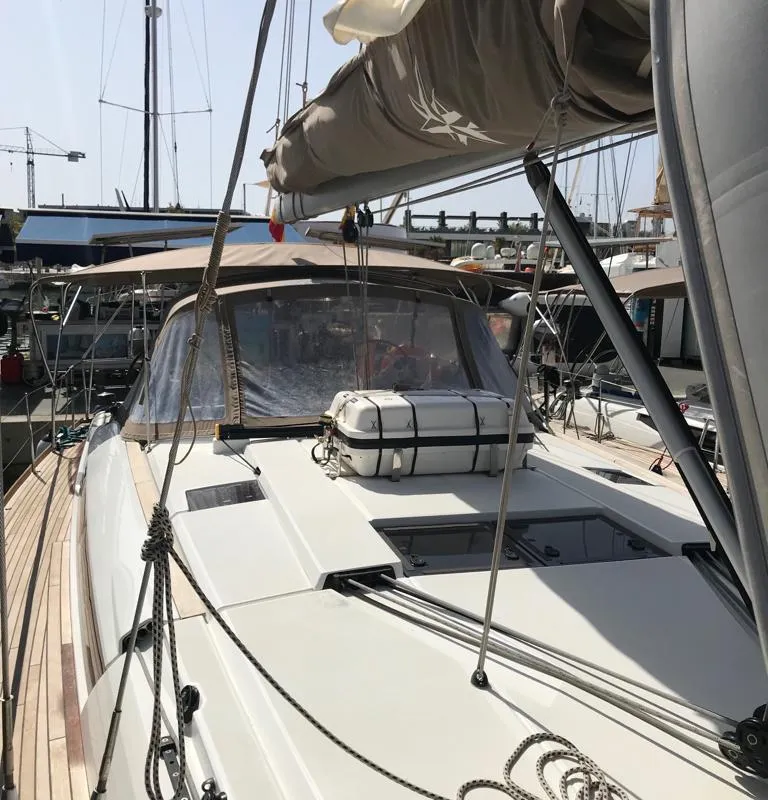 Deck of Alboran Prosecco (Radazul), a Jeanneau Sun Odyssey 519 sailboat at El Rosario, Spain