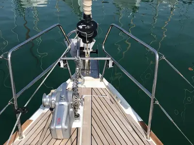Deck of Alboran Prosecco (Radazul), a Jeanneau Sun Odyssey 519 sailboat at El Rosario, Spain