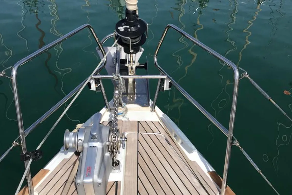 Deck of Alboran Prosecco (Radazul), a Jeanneau Sun Odyssey 519 sailboat at El Rosario, Spain