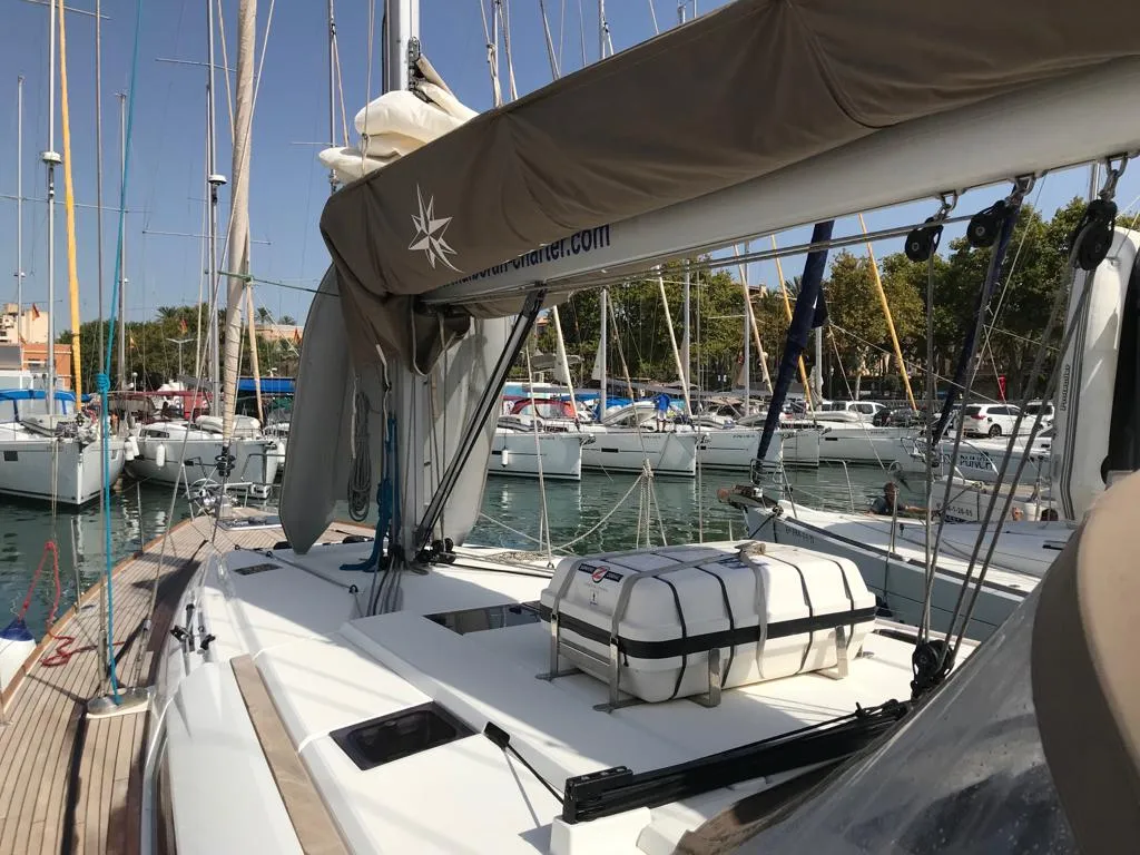 Exterior view of Alboran Prosecco (Radazul), a Jeanneau Sun Odyssey 519 sailboat at El Rosario, Spain
