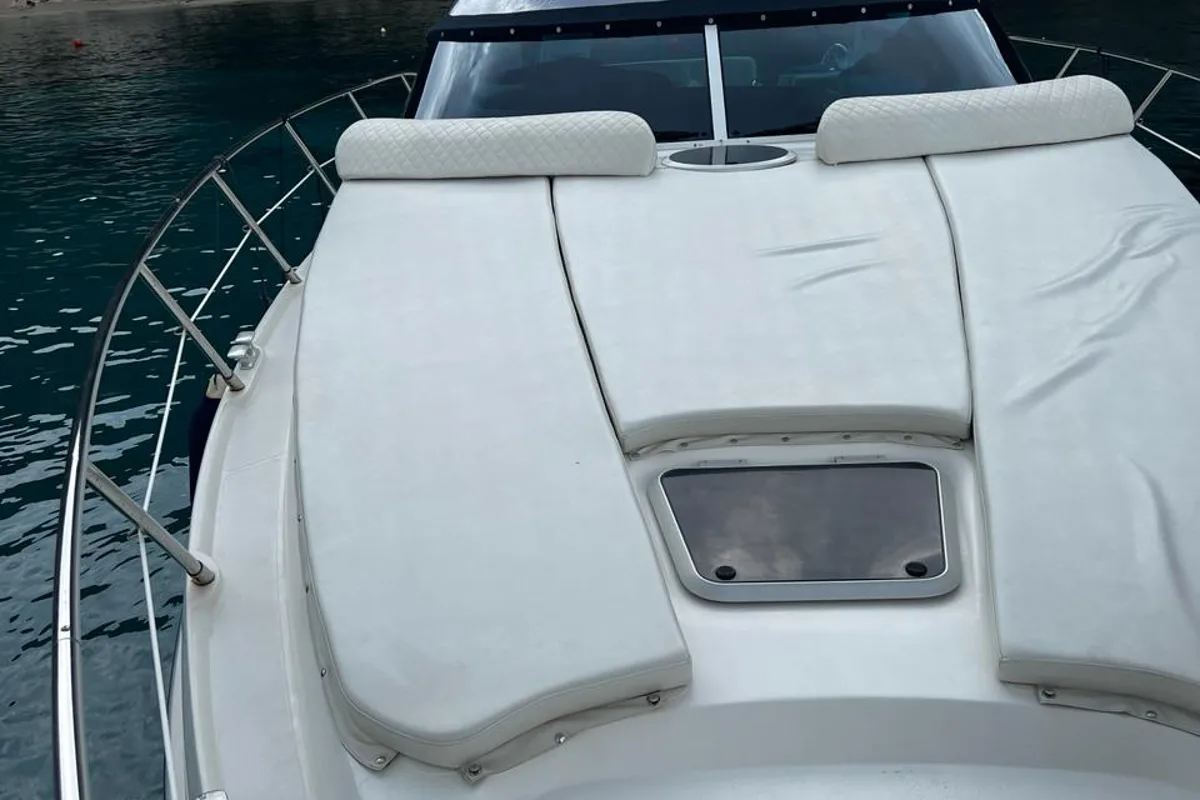Deck of Elaine, a Sealine S38 motorboat at Municipal Unit of Rhodes, Greece