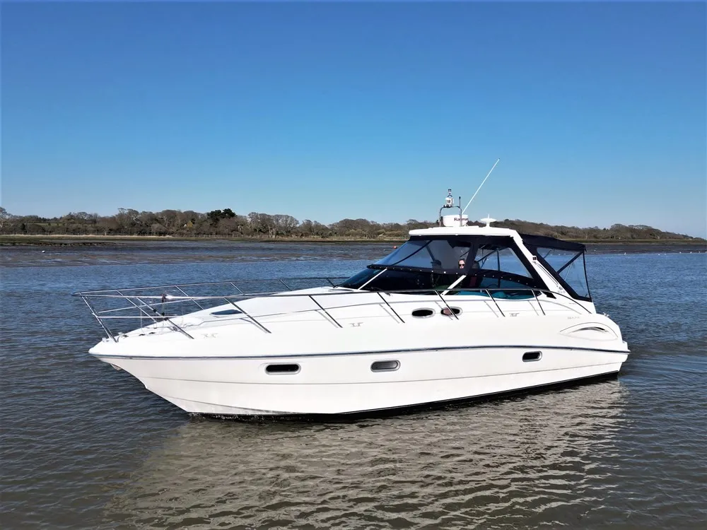 Exterior view of Elaine, a Sealine S38 motorboat at Municipal Unit of Rhodes, Greece