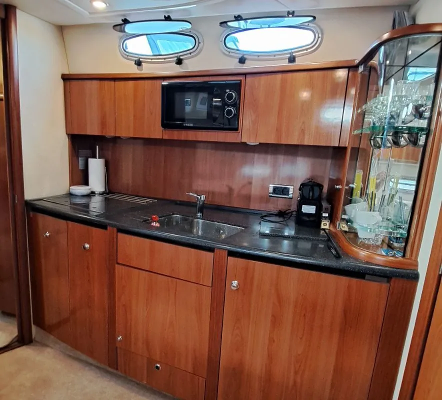 Galley of Elaine, a Sealine S38 motorboat at Municipal Unit of Rhodes, Greece