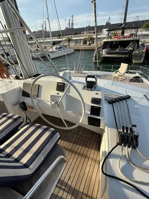 Cockpit of Blue Lagoon, a Bali 5.4 catamaran at Valencia, Spain