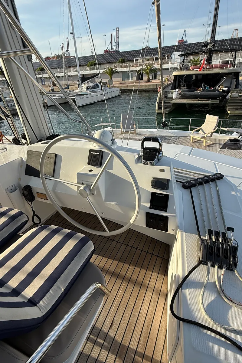 Cockpit of Blue Lagoon, a Bali 5.4 catamaran at Valencia, Spain
