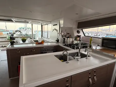 Galley of Blue Lagoon, a Bali 5.4 catamaran at Valencia, Spain
