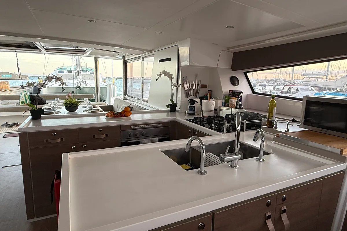 Galley of Blue Lagoon, a Bali 5.4 catamaran at Valencia, Spain