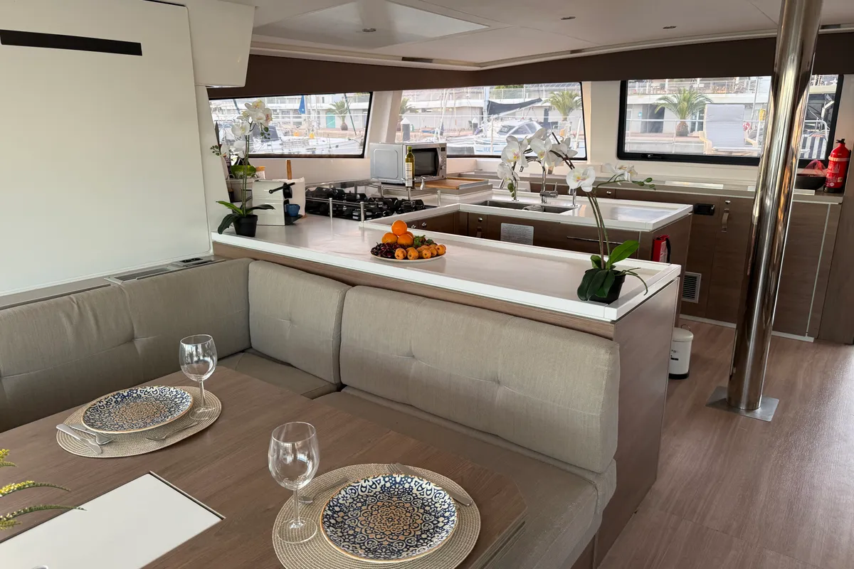 Galley of Blue Lagoon, a Bali 5.4 catamaran at Valencia, Spain