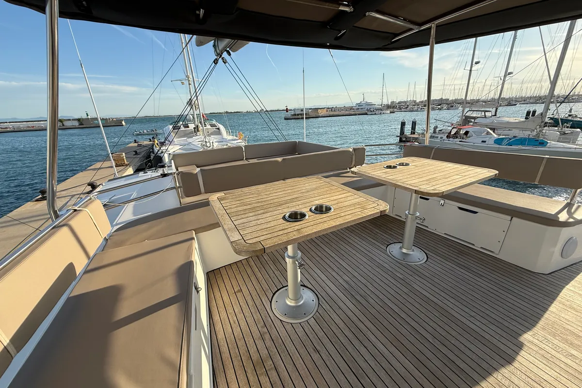 Deck of Blue Lagoon, a Bali 5.4 catamaran at Valencia, Spain