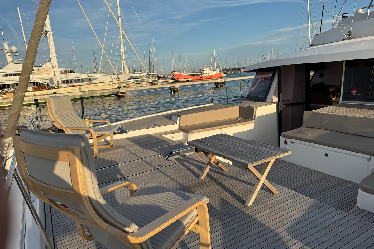Deck of Blue Lagoon, a Bali 5.4 catamaran at Valencia, Spain