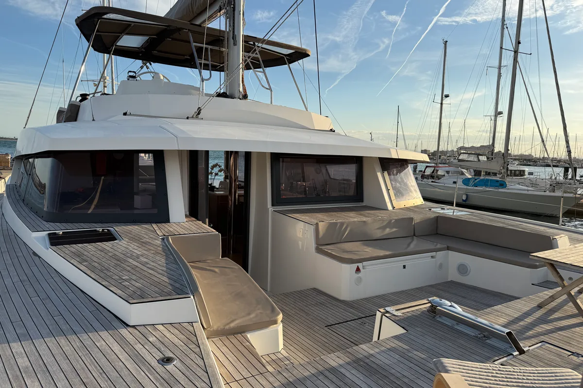 Deck of Blue Lagoon, a Bali 5.4 catamaran at Valencia, Spain