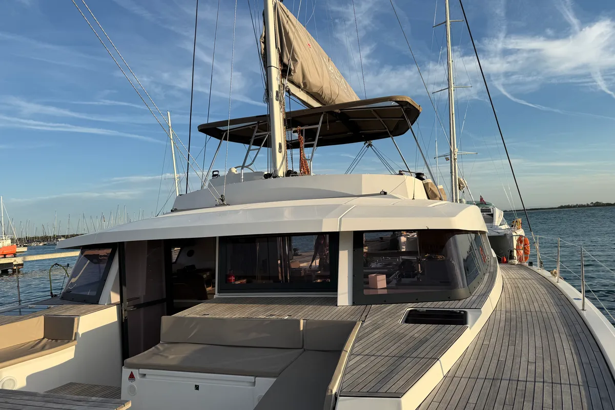 Exterior view of Blue Lagoon, a Bali 5.4 catamaran at Valencia, Spain