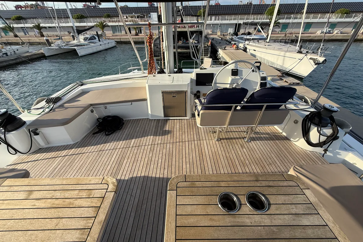 Cockpit of Blue Lagoon, a Bali 5.4 catamaran at Valencia, Spain