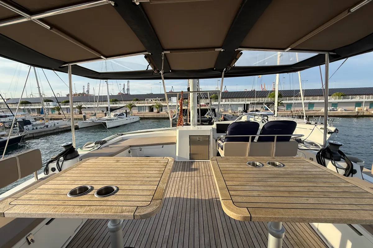 Deck of Blue Lagoon, a Bali 5.4 catamaran at Valencia, Spain