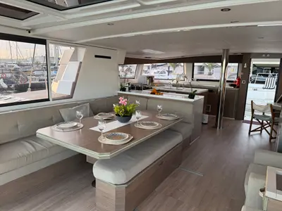 Salon of Blue Lagoon, a Bali 5.4 catamaran at Valencia, Spain