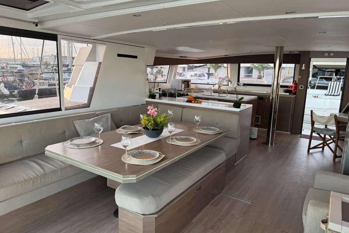 Salon of Blue Lagoon, a Bali 5.4 catamaran at Valencia, Spain