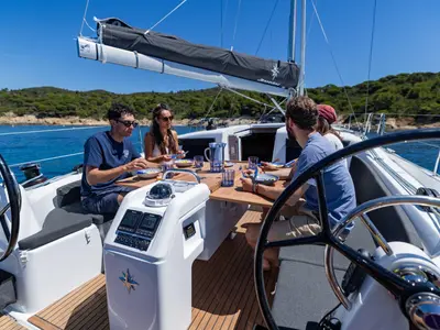 Exterior view of Tizon, a Jeanneau Sun Odyssey 415 sailboat at Elephant Butte Estates, United States
