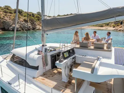 Cockpit of Juno, a Aventura 43 catamaran at Fethiye, Turkey