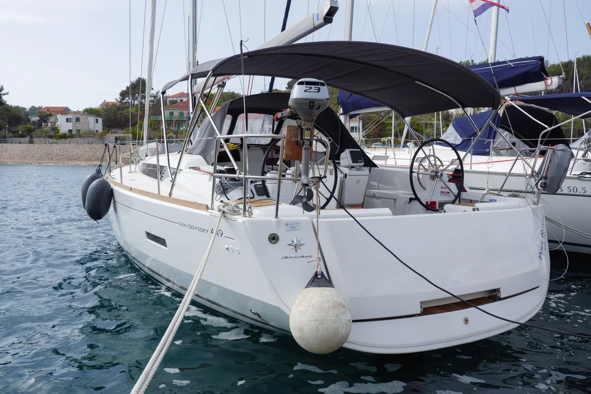 Exterior view of Port Royal, a Jeanneau Sun Odyssey 449 sailboat at Rogač, Croatia
