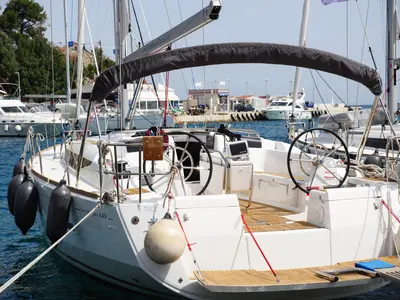 Cockpit of Port Royal, a Jeanneau Sun Odyssey 449 sailboat at Rogač, Croatia