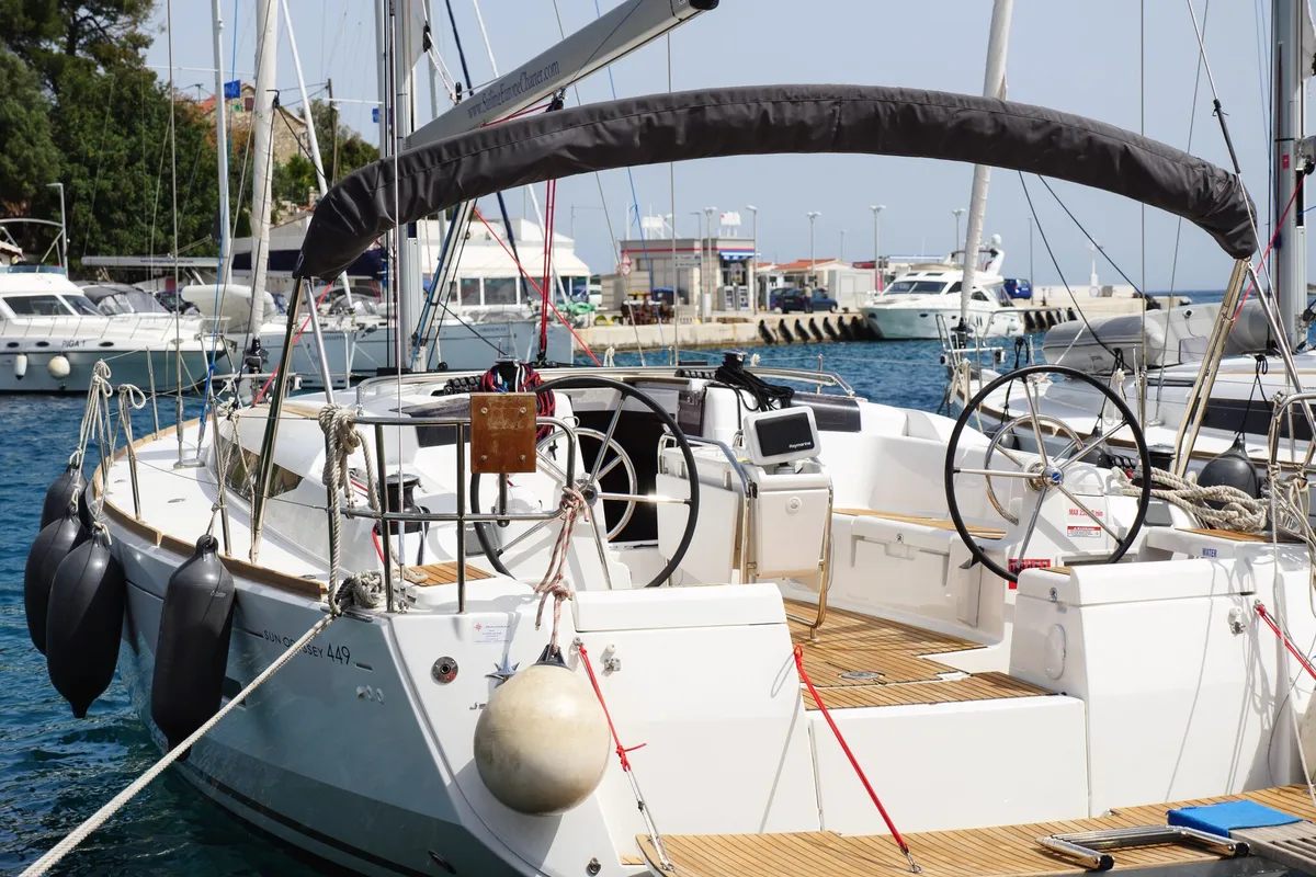 Cockpit of Port Royal, a Jeanneau Sun Odyssey 449 sailboat at Rogač, Croatia