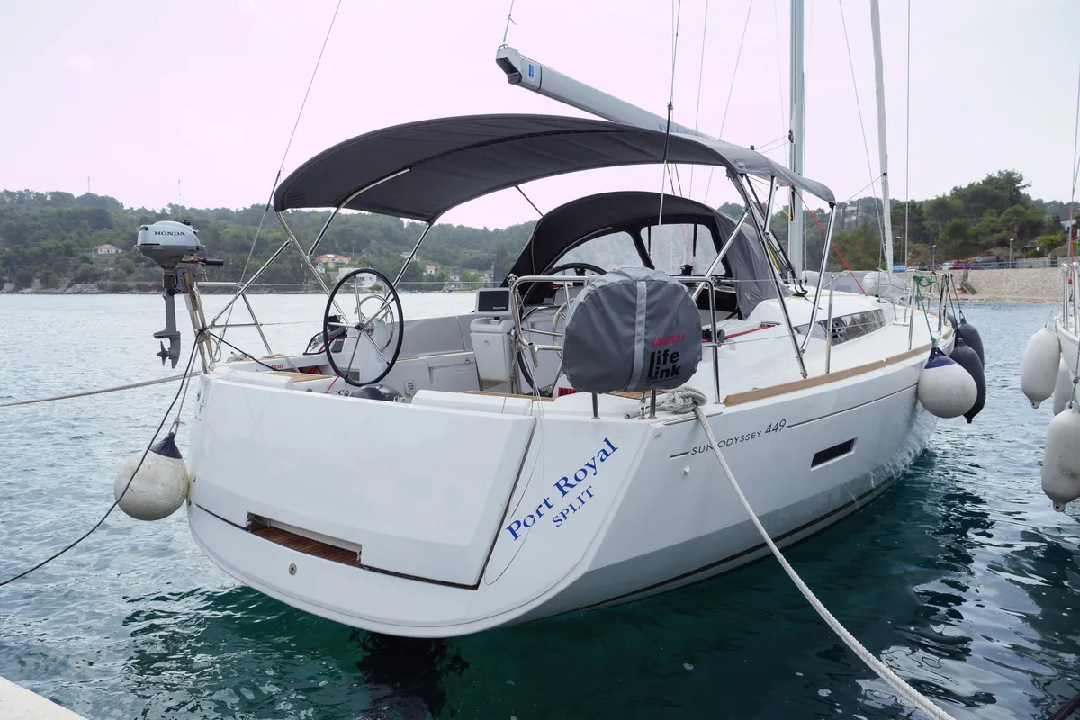 Exterior view of Port Royal, a Jeanneau Sun Odyssey 449 sailboat at Rogač, Croatia
