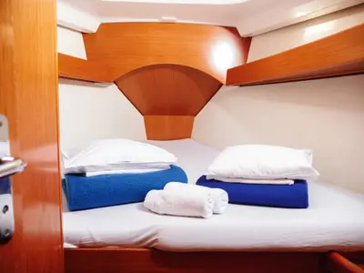 Cabin on Port Royal, a Jeanneau Sun Odyssey 449 sailboat at Rogač, Croatia