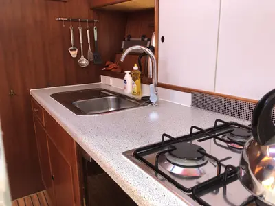 Galley of Lucida, a Gulet Merenpoort 1100s motorboat at Heukelum, Netherlands