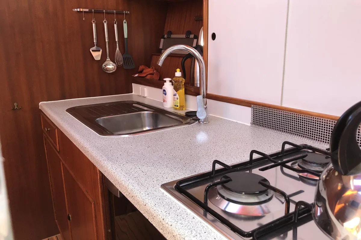 Galley of Lucida, a Gulet Merenpoort 1100s motorboat at Heukelum, Netherlands