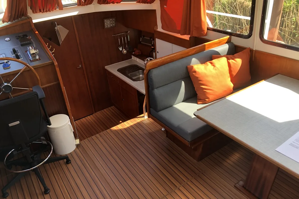 Salon of Lucida, a Gulet Merenpoort 1100s motorboat at Heukelum, Netherlands