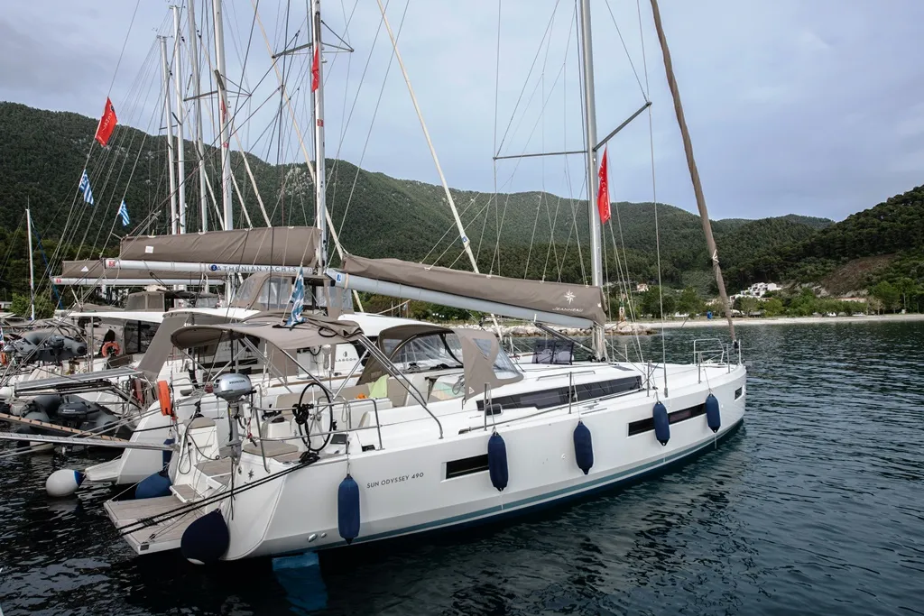 Exterior view of Lara, a Jeanneau Sun Odyssey 490 sailboat at Neo Klima, Greece