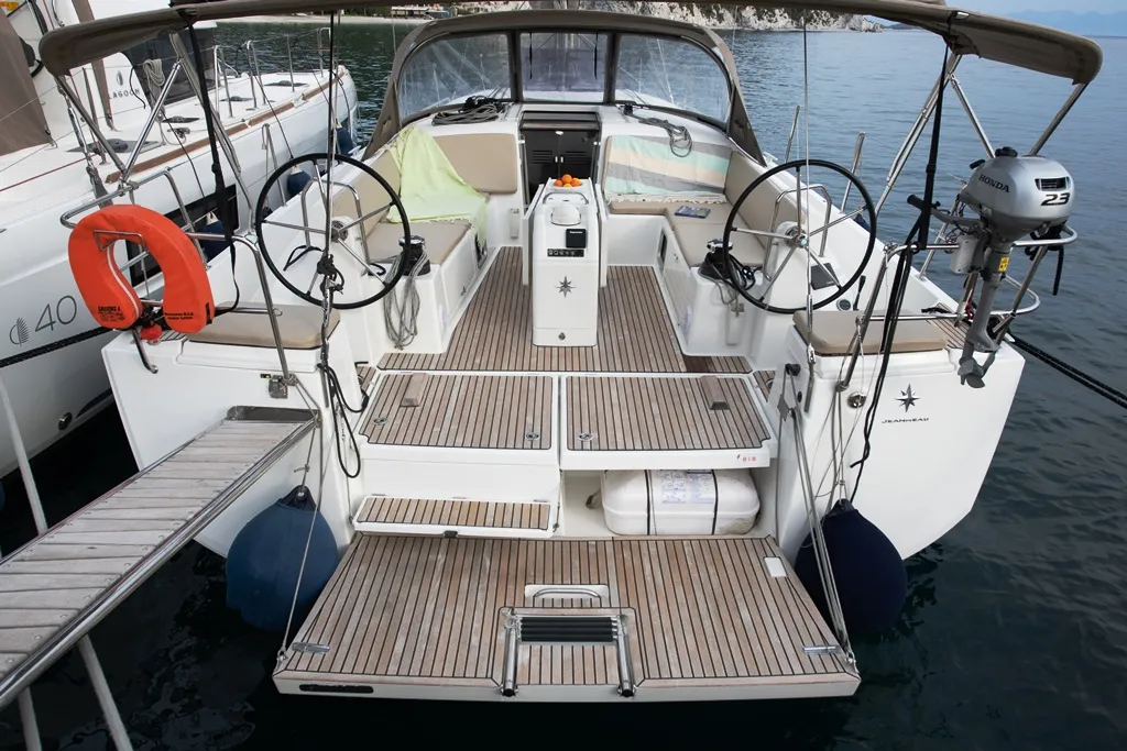 Cockpit of Lara, a Jeanneau Sun Odyssey 490 sailboat at Neo Klima, Greece