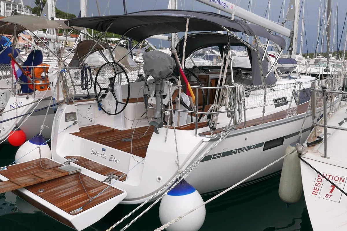 Exterior view of Into the Blue, a Bavaria Cruiser 37 sailboat at Općina Vrsar, Croatia