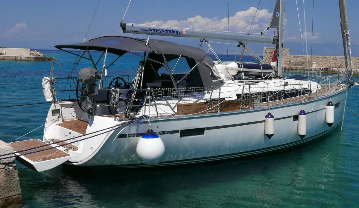 Exterior view of Into the Blue, a Bavaria Cruiser 37 sailboat at Općina Vrsar, Croatia