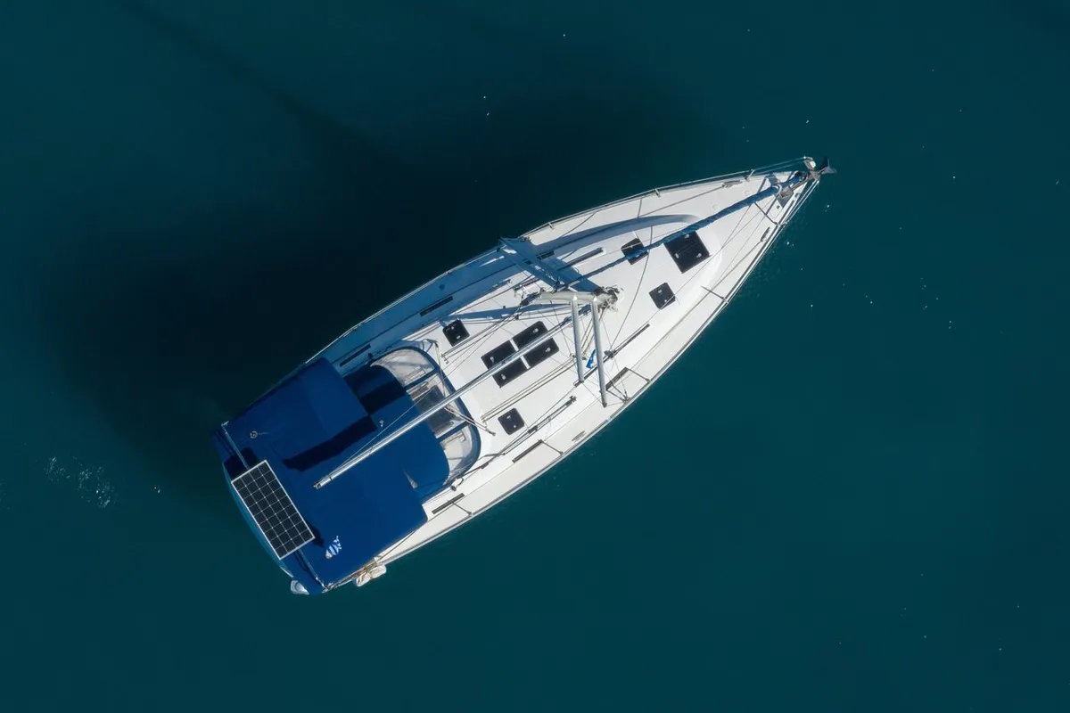 Exterior view of Ionio, a Bavaria Cruiser 36 sailboat at Municipal Unit of Lefkada, Greece