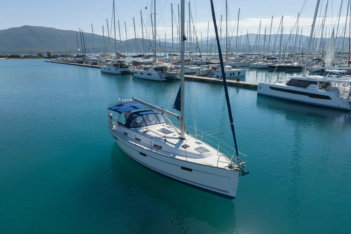 Exterior view of Ionio, a Bavaria Cruiser 36 sailboat at Municipal Unit of Lefkada, Greece