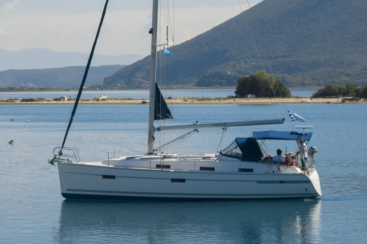 Exterior view of Ionio, a Bavaria Cruiser 36 sailboat at Municipal Unit of Lefkada, Greece