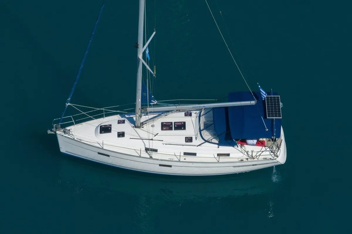 Exterior view of Ionio, a Bavaria Cruiser 36 sailboat at Municipal Unit of Lefkada, Greece