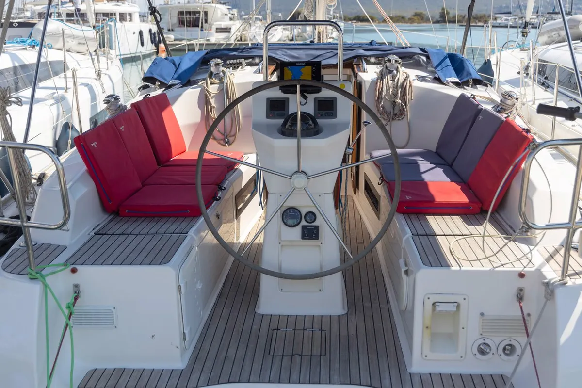 Cockpit of Ionio, a Bavaria Cruiser 36 sailboat at Municipal Unit of Lefkada, Greece